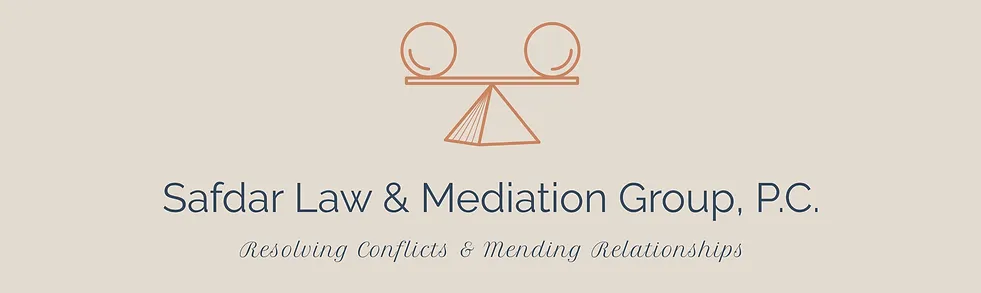 Logo of Safdar Law & Mediation Group, P.C. featuring a balance scale icon and the tagline "Resolving Conflicts & Mending Relationships.